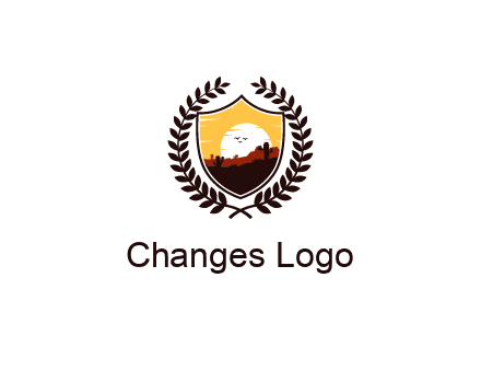 desert and setting sun inside a badge shaped vector surrounded by a wreath