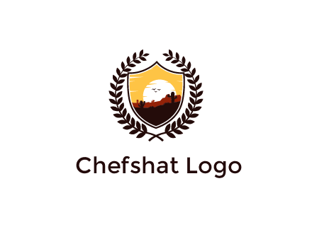desert and setting sun inside a badge shaped vector surrounded by a wreath