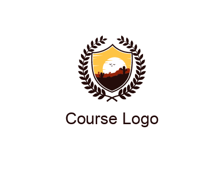 desert and setting sun inside a badge shaped vector surrounded by a wreath