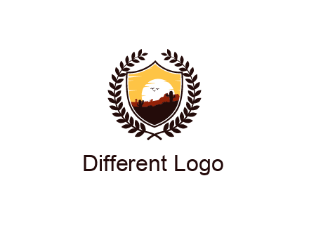 desert and setting sun inside a badge shaped vector surrounded by a wreath