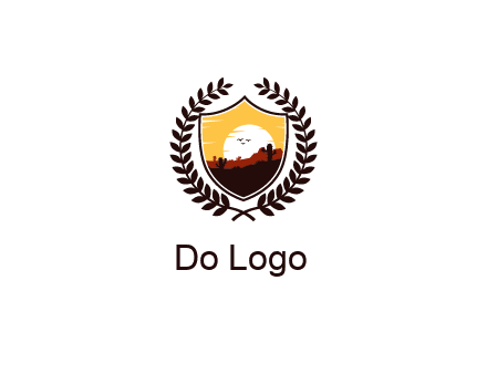 desert and setting sun inside a badge shaped vector surrounded by a wreath