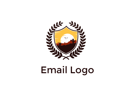desert and setting sun inside a badge shaped vector surrounded by a wreath