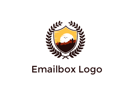 desert and setting sun inside a badge shaped vector surrounded by a wreath