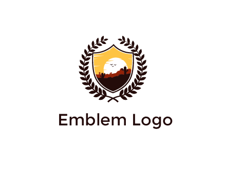 desert and setting sun inside a badge shaped vector surrounded by a wreath