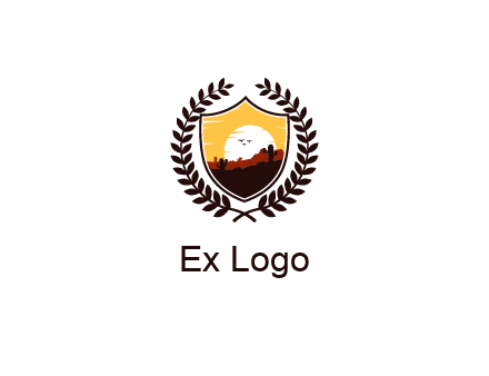 desert and setting sun inside a badge shaped vector surrounded by a wreath