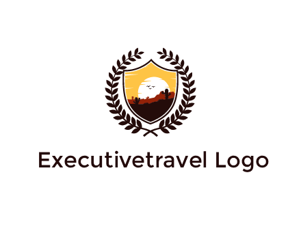desert and setting sun inside a badge shaped vector surrounded by a wreath