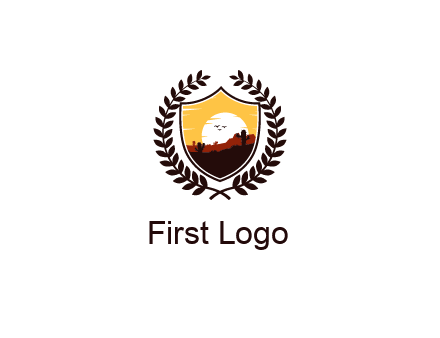 desert and setting sun inside a badge shaped vector surrounded by a wreath