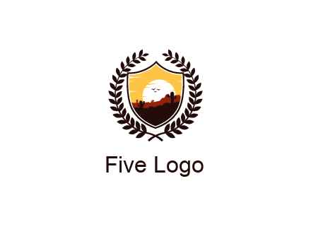 desert and setting sun inside a badge shaped vector surrounded by a wreath