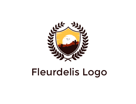 desert and setting sun inside a badge shaped vector surrounded by a wreath