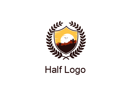 desert and setting sun inside a badge shaped vector surrounded by a wreath