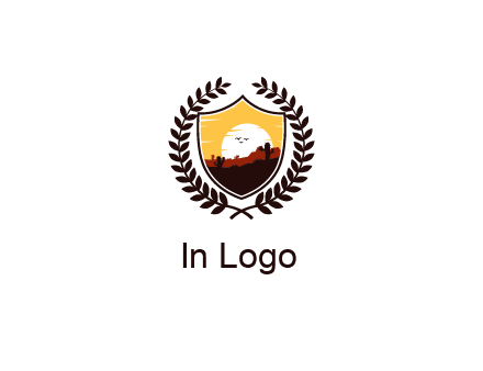 desert and setting sun inside a badge shaped vector surrounded by a wreath