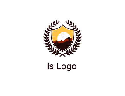 desert and setting sun inside a badge shaped vector surrounded by a wreath