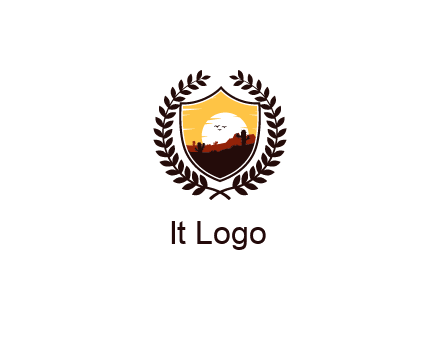 desert and setting sun inside a badge shaped vector surrounded by a wreath