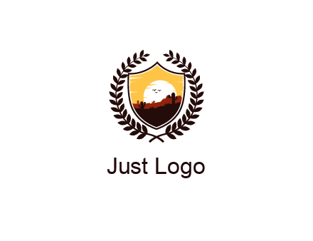 desert and setting sun inside a badge shaped vector surrounded by a wreath