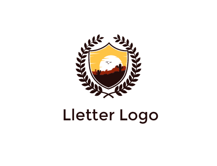 desert and setting sun inside a badge shaped vector surrounded by a wreath