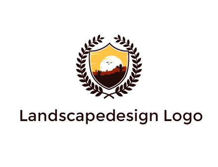 desert and setting sun inside a badge shaped vector surrounded by a wreath