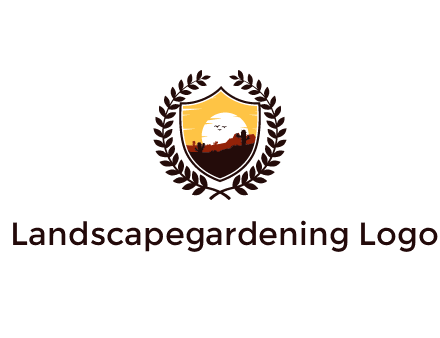desert and setting sun inside a badge shaped vector surrounded by a wreath