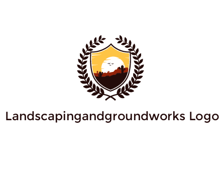desert and setting sun inside a badge shaped vector surrounded by a wreath