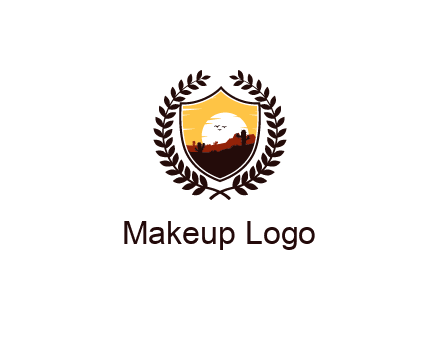desert and setting sun inside a badge shaped vector surrounded by a wreath