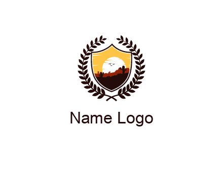 desert and setting sun inside a badge shaped vector surrounded by a wreath