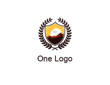 desert and setting sun inside a badge shaped vector surrounded by a wreath