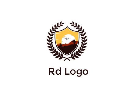 desert and setting sun inside a badge shaped vector surrounded by a wreath