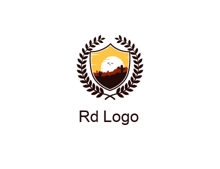 desert and setting sun inside a badge shaped vector surrounded by a wreath