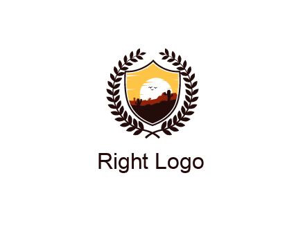 desert and setting sun inside a badge shaped vector surrounded by a wreath