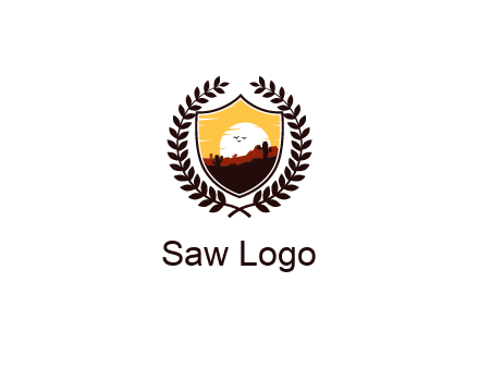 desert and setting sun inside a badge shaped vector surrounded by a wreath