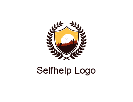 desert and setting sun inside a badge shaped vector surrounded by a wreath