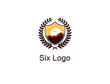 desert and setting sun inside a badge shaped vector surrounded by a wreath