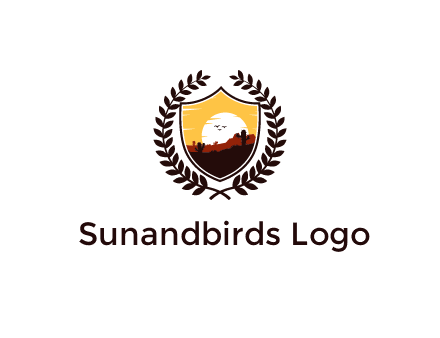 desert and setting sun inside a badge shaped vector surrounded by a wreath