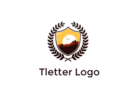 desert and setting sun inside a badge shaped vector surrounded by a wreath