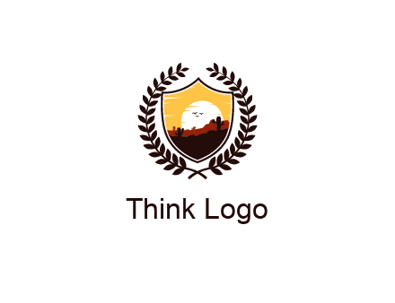 desert and setting sun inside a badge shaped vector surrounded by a wreath