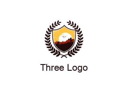 desert and setting sun inside a badge shaped vector surrounded by a wreath