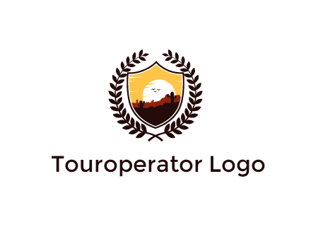 desert and setting sun inside a badge shaped vector surrounded by a wreath