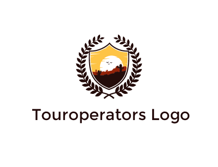 desert and setting sun inside a badge shaped vector surrounded by a wreath