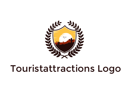 desert and setting sun inside a badge shaped vector surrounded by a wreath