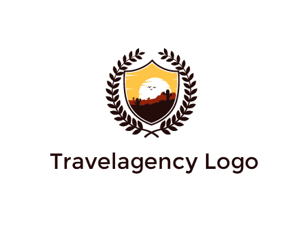 desert and setting sun inside a badge shaped vector surrounded by a wreath