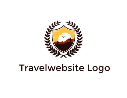 desert and setting sun inside a badge shaped vector surrounded by a wreath