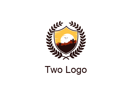 desert and setting sun inside a badge shaped vector surrounded by a wreath