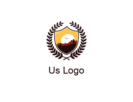 desert and setting sun inside a badge shaped vector surrounded by a wreath