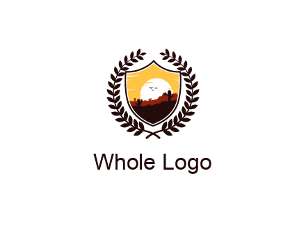 desert and setting sun inside a badge shaped vector surrounded by a wreath