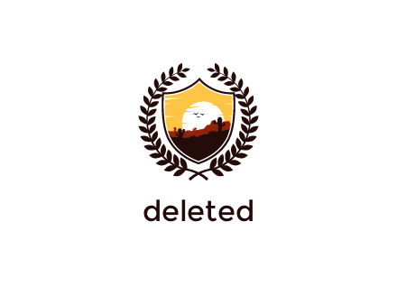 desert and setting sun inside a badge shaped vector surrounded by a wreath