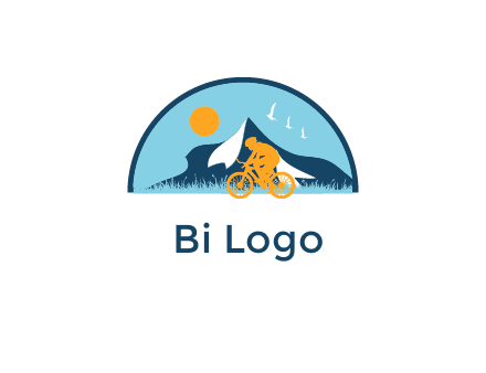 Cyclist biking on a scenic route with mountains, birds and the sun in the background