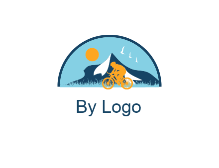 Cyclist biking on a scenic route with mountains, birds and the sun in the background