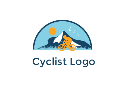Cyclist biking on a scenic route with mountains, birds and the sun in the background