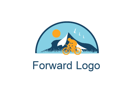 Cyclist biking on a scenic route with mountains, birds and the sun in the background