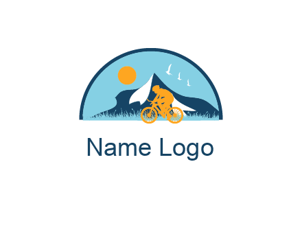 Cyclist biking on a scenic route with mountains, birds and the sun in the background