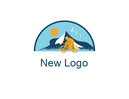 Cyclist biking on a scenic route with mountains, birds and the sun in the background